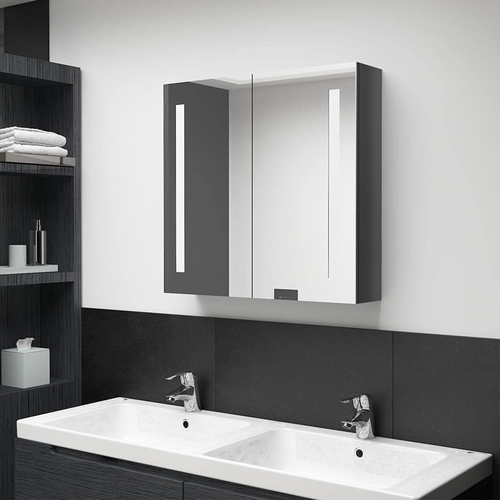 Mirror Cabinet Bathroom Cabinet Wall Cabinet Bathroom Furniture Bathroom Cabinet with Mirror LED Bathroom Mirror Cabinet Glossy Grey 62 x 14 x 60 cm