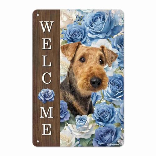 GABSHAIM Airedale Floral Welcome Metal Sign Blue Rose with Funny Dog Tin Sign For Home Wall Outdoor Decoration 12X8 Inch