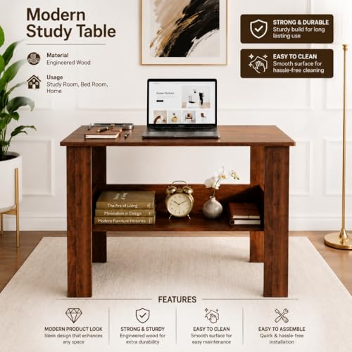 Image of SPYDER CRAFT Modern Specio Engineered Wood Study Table with Storage Shelf | Clean Minimalist Computer Desk for Home, Office, & Bedroom | Durable & Easy to Clean (Columbian Walnut) (Assembly DIY)