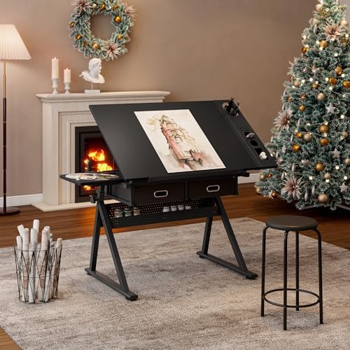 Adjustable Drafting Table Desk with 2 Drawers & Stool - Perfect for Home Office & School, Black Art & Design Workspace Furniture