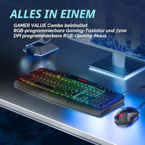 Redragon S101-4 Gaming Tastatur und Maus Set, QWERTZ DE, RGB Programmierbare Tastatur und Maus mit Software, Unabhängigen Makro-Tasten, Wertekombinationen, Neue Update-Version 2