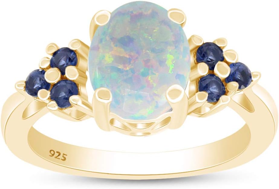 AFFY White Opal & Blue Sapphire In 14k Gold Over Sterling Silver Oval & Round Cut Ring Jewelry For Womens