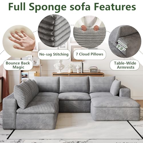 Image of 103 inch Cloud Couch Modular Sectional Sofa for Living Room, U-Shape Boneless Couch with Deep Seat, Modern Corduroy 5-Seater with Ottoman, No Assembly Required, Light Grey
