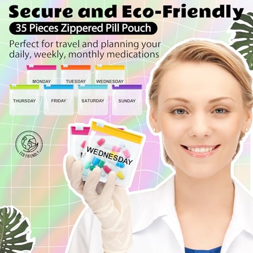 Image of Sherr 35 Pcs Pill Pouch Bags with Zipper Pill Pouch Set Travel Reusable Translucent Medicine Organizer Self Sealing Plastic Bag with Slide Lock for Storage(Elegant Colors,3 x 3 Inch,Week Style)