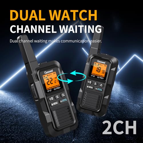 Image of Gaswei G2pro+ Heavy Duty Walkie Talkies for Adults，Rechargeable Long Range Two Way Radios 2 watts ，NOAA Weather，FM Radio，IP67 Waterproof，VOX ，Double PTT，Li-ion Battery (2 Pack - Black)