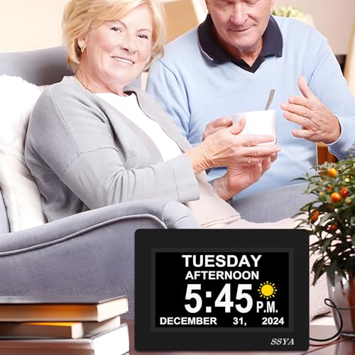 Image of SSYA 7 Inch Calendar Clock - 12 Alarm Options, Level 5 Auto Dimmable Display,Extra Large Impaired Vision Digital Clock with Non-Abbreviated Day & Month (Black)