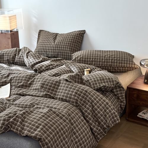 Image of EAVD Vintage Style Dark Grey Gingham Plaid Duvet Cover King 100% Washed Cotton Like Linen Feel Soft 3-Piece Grid Plaid Bedding Set with 2 Pillowcases Reversible Geometric Duvet Cover with Zipper
