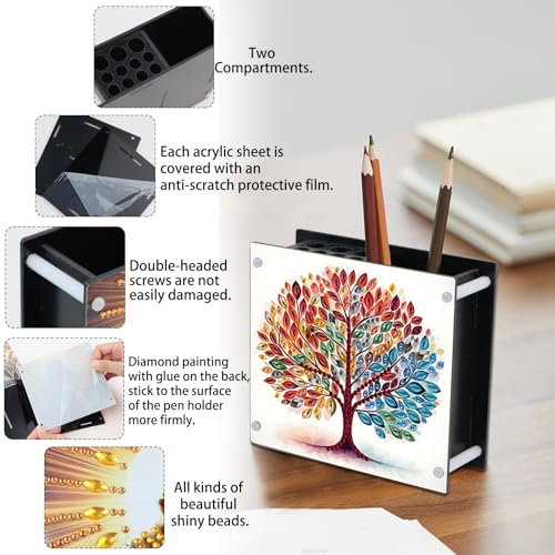 Image of DIY 5D Acrylic Diamond Painting Pen Holder - Tree of Life Pencil Organizer for Nature & Earthy Decor, Decorative Office Supplies Storage for Home, School, Gift