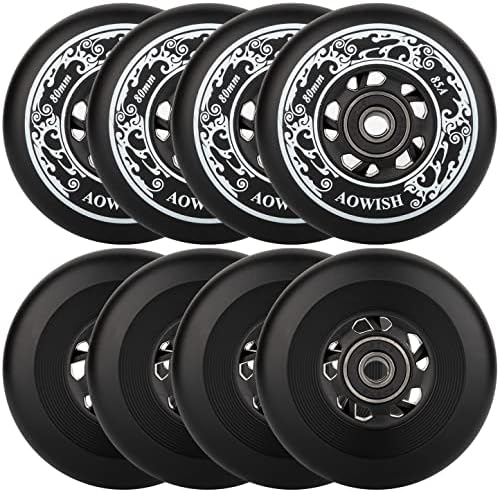 AOWISH Inline Skate Wheels 85A Outdoor Asphalt Formula Hockey Roller Blades Replacement Wheel with Bearings ABEC-9 and Floating Spacers (8-Pack) (Black, 80mm)