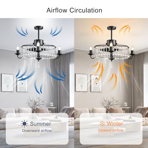 Image of Garwarm 20 inch Ceiling Fan with Lights and Remote, Black Crystal Fandelier | Bladeless Ceiling Fan 6-Speed Reversible DC Motor with APP, Low Profile Chandelier Fan for Bedroom, Kitchen, Dining Room