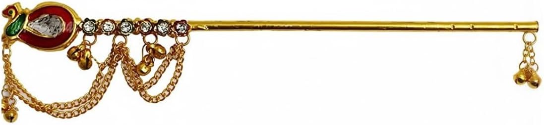 VRINDAVANBAZAAR.COM Metal Peacock Flute for Krishna Idol 22 cm- Polished Brass Multicolor Bansuri with Meenakari Work, Artificial Stone Detailing, Festival Ritual Display & Temple Home Décor Use