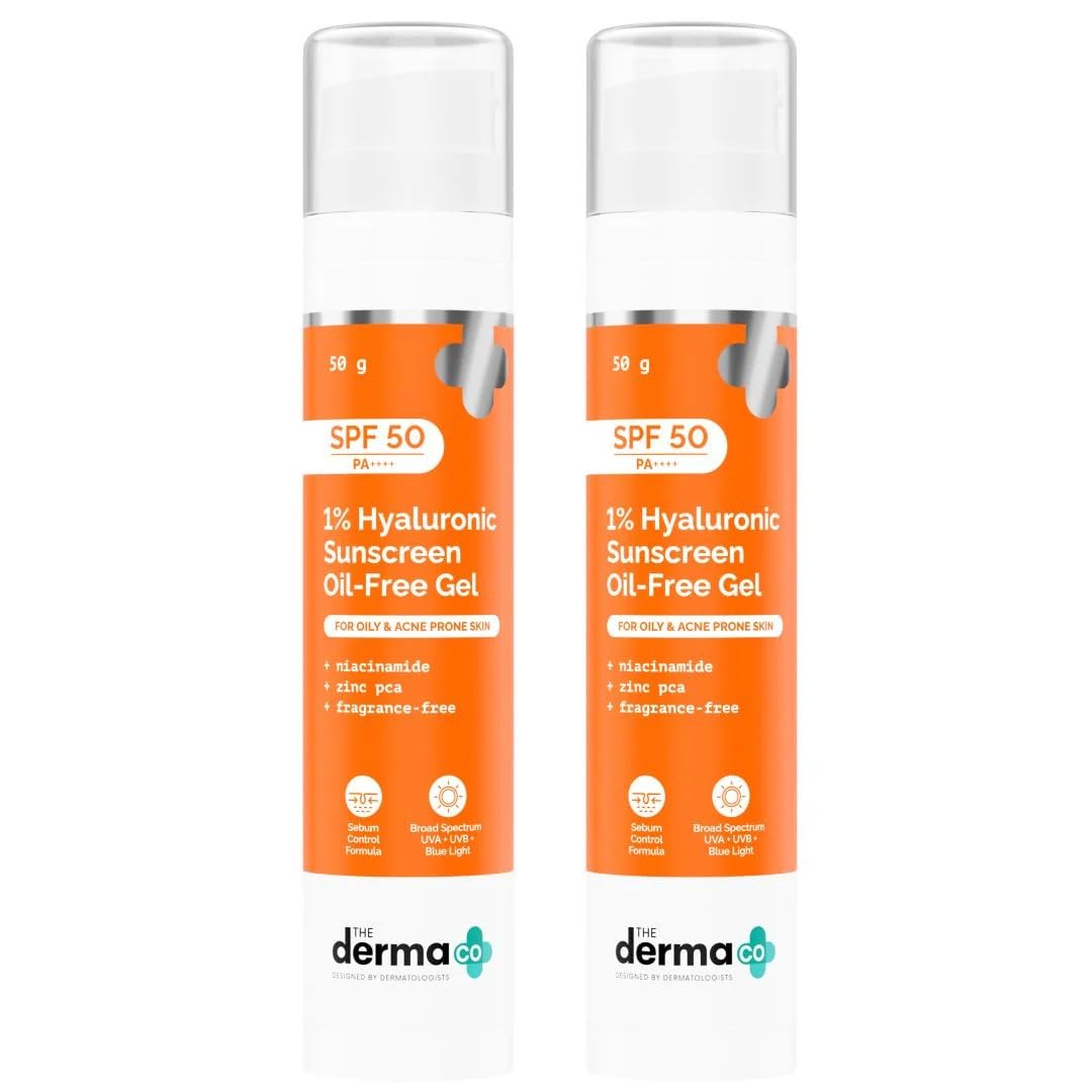 The Derma Co 1% Hyaluronic Sunscreen Oil-Free Matte Gel SPF 50 PA++++ | For Oily, Acne-Prone Skin | Lightweight Texture | No White Cast | Broad Spectrum Protection & Blue Light Protection | Non- Comedogenic | Clinically Tested - (In -Vivo) | Tan Protection | Anti-Pollution Factor | Photostable | Water & Sweat Resistant | For Men & Women | 50 g x 2