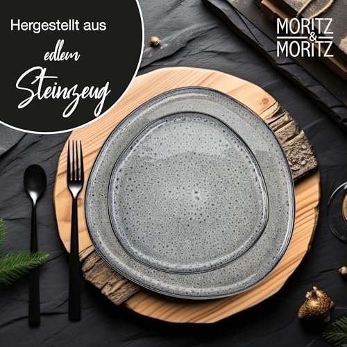 Moritz & Moritz ORGANIC 24-teiliges Geschirrset 6 Personen Grau - Elegantes Teller Set aus hochwertigem Steinzeug - Geschirr Set 6 Personen aus 6x Dinnerteller, Dessertteller, Suppenteller und Tassen
