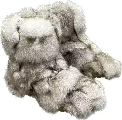 Womens Winter Furry Flat Boots Luxury Real Silver Fox Fur Mid-Calf Full Fur Short Booties Boot Footwear