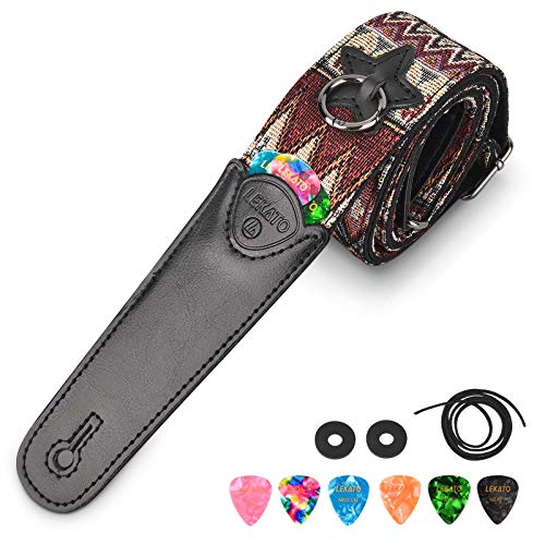 EKATO Sangle de guitare en coton sangles de guitare réglables avec longues extrémités en cuir + 6 médiators + 2 sangles… - Les Beatles, Paul McCartney, John Lennon, RIngo Starr, George Harrison EKATO Sangle de guitare en coton sangles de guitare réglables avec longues extrémités en cuir + 6 médiators + 2 sangles…