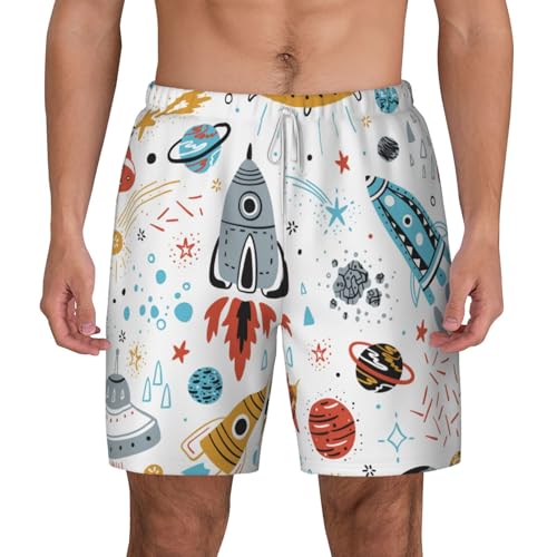 Men's Cartoon Rockets Print Quick-Dry Mesh Swim Trunks Stretch Lining Beach Shorts Surfing Summer Vacations White2