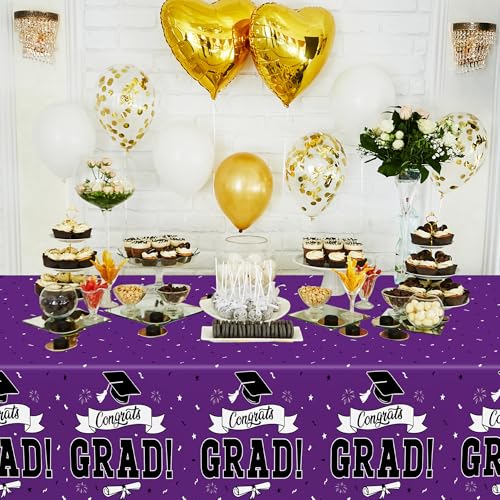 Image of 2 Pcs Graduation Tablecloth, 108 inch X 54 inch Plastic Graduation Decorations 2026, Rectangle Purple Table Cover for Grad Decor Party Supplies, Disposable Tablecover for Class of 2026 Congrats Grad for Kids