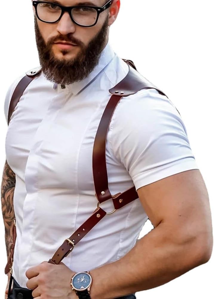 Deepsire Men's Leather Body Chest Belt - Enduring and Breathable Adjustable Harness for Various Occasions-Sexy Punk Chest Belt, Large, Brown