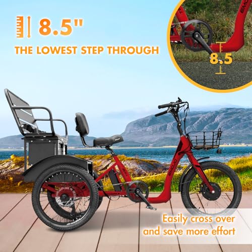 Image of EMOJO Bull Trail 8.5 inch Low Step Through Electric Tricycle for Adults with Passenger Seat, Long Range Seniors ETrike with Differential, 500W 7 Speed Three Wheel Electric Bike (Without Assembly, Red)
