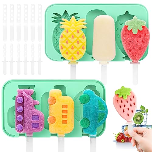 Bluelves Stampi per Ghiaccioli,2 Pezzi Formine Ghiaccioli Riutilizzabili, Silicone Stampi per Gelato Senza BPA, Stampo Ghiaccioli con Bastoncino per Bambini Adulti(La Frutta + Veicoli)