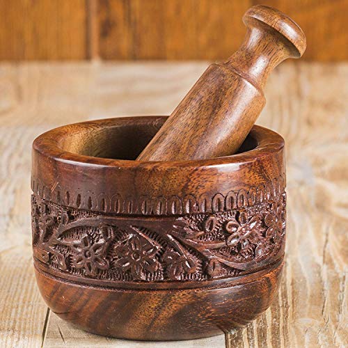Rusticity® Indian Rosewood Antique Mortar & Pestle Mixing Grinder Set For Kitchen/Vintage Rustic Handcarved Spice & Herbs Crusher Bowl/Handmade Decorative Sheesham Manual Kharal Smasher, 4.0X4.0X4" #TOP1