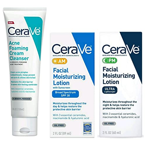 CeraVe Daily Skincare Acne Treatment Bundle - CeraVe Acne Foaming Cream Cleanser (5 fl oz), AM CeraVe Facial Moisturizing Lotion with Sunscreen (2 oz), and PM Facial Moisturizing Lotion (2 oz)