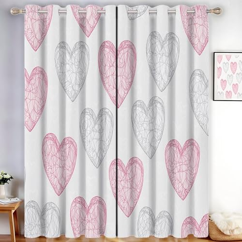 Rideau occultant St-Valentin rose à motif cœur 117x137cm pour salon lot de 2