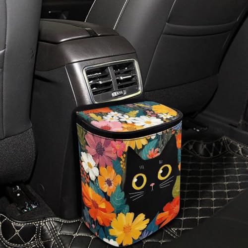 Image of Talayituse Black Cat Daisy Flower Print Car Trash Can Portable Auto Garbage Bin Multifunctional Vehicle Interior Accessories with Adjustable Straps Universal Fit Truck SUV Sedan