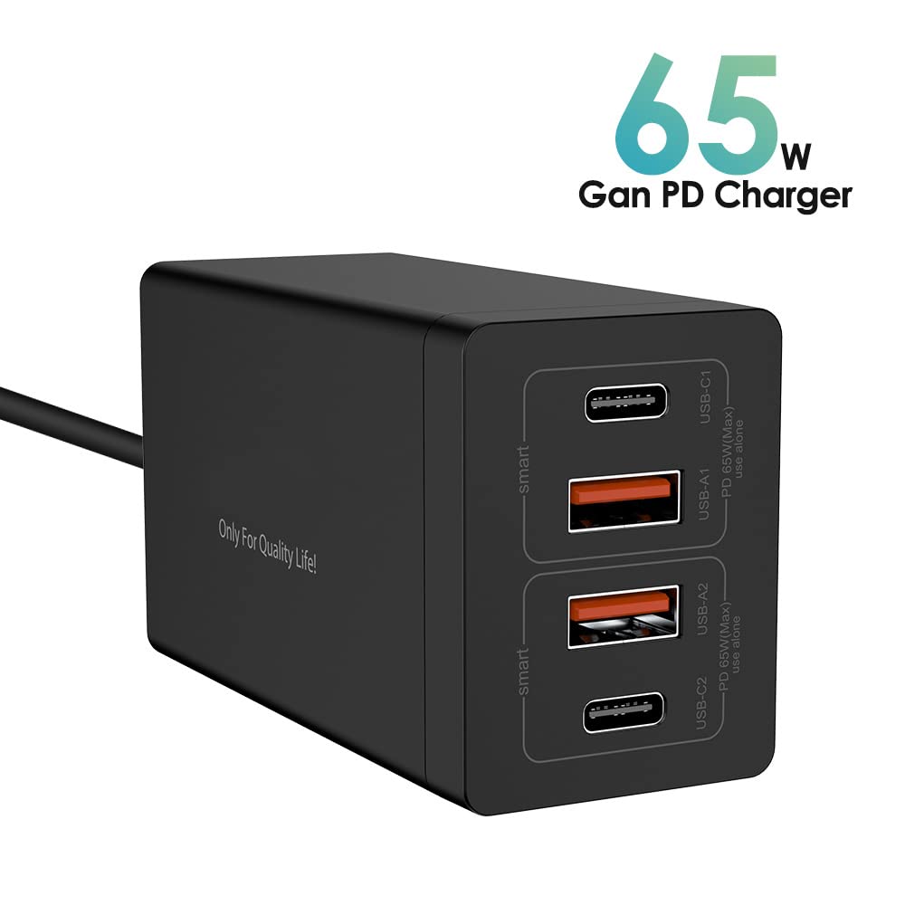HUIOP Stazione di ricarica USB GAN 65W Hub di ricarica a 4 porte Caricatore rapido QC4.0 QC PD3.0 PD Caricatore da muro USB di o C per phone Tablet lap e altro