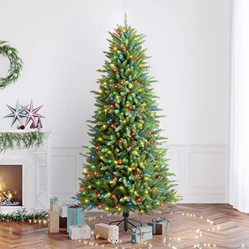 OasisCraft Pre-lit Christmas Tree 6.5 FT- Pencil Artificial Christmas Tree Hinged Slim Christmas Tree with 500 Pre-Strung Multicolored Lights & 1825 Branch Tips, Holiday Xmas Tree for Indoor & Outdoor