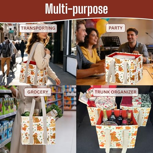 VENO 3 Pack Reusable Grocery Bags, Shopping Bags for Groceries, Tote with Handles and Hard Bottom, Foldable Shopping Cart Organizer, Water Resistant, Heavy-Duty (Holiday Pups, 6 Gallon) — view 6