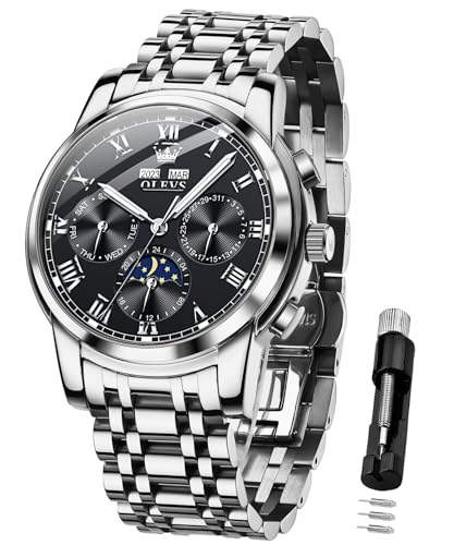 Image of OLEVS Mens Automatic Watch Mechanical Self Winding Luxury Business Dress Moon Phase Stainless Steel Calendar Wrist Watches for Men Waterproof Luminous