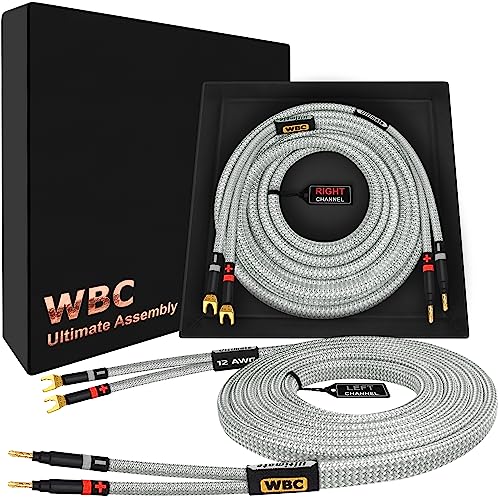 WORLDS BEST CABLES 15 Foot Ultimate - 12 AWG - Ultra-Pure OFC - Premium Audiophile HiFi Speaker Cable Pair with Eminence Gold Banana (x2) & Spade (x2) Plugs & Silver Tweed Jacket