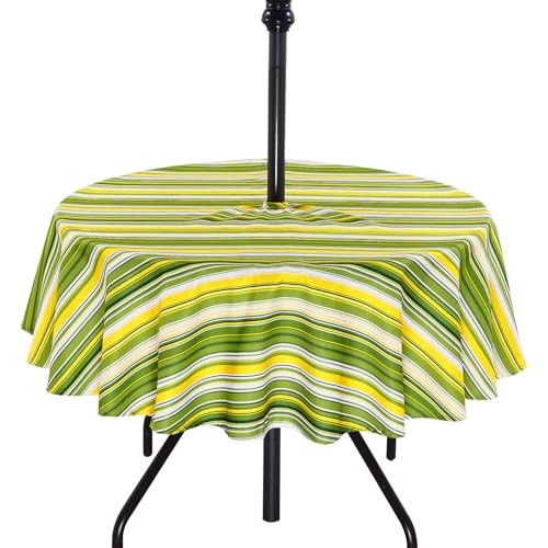 Image of Poise3EHome 60 inches Outdoor /Indoor Waterproof Spillproof Round Tablecloth with Umbrella Hole for Camping, Picnic, Christmas Tree Skirt, BBQ, Green Stripe