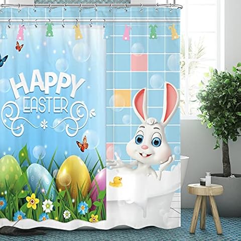 Omifly Funny Happy Easter Shower Curtain 60Wx72H Inch Cute Cartoon Rabbit Spring Garden Holiday Turquoise Colorful Bunny Eggs for Kids with 12 Plastic Hooks Fabric Waterproof Toilet Accessories Decor Cover