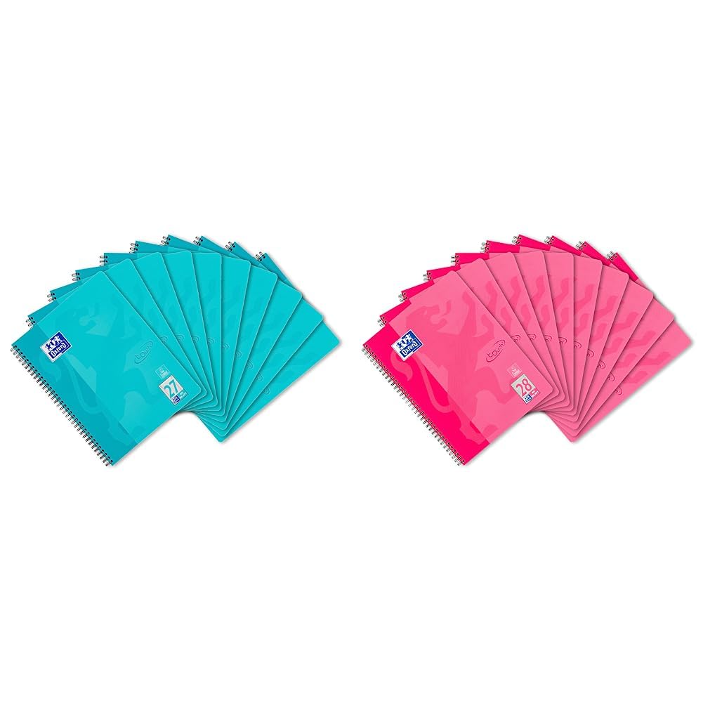 Oxford Touch Collegeblock A4 liniert, mit Doppelrand, 80 Blatt, aqua, 10 Stück & Touch Collegeblock A4 kariert, mit Doppelrand, 80 Blatt, pink, 10 Stück