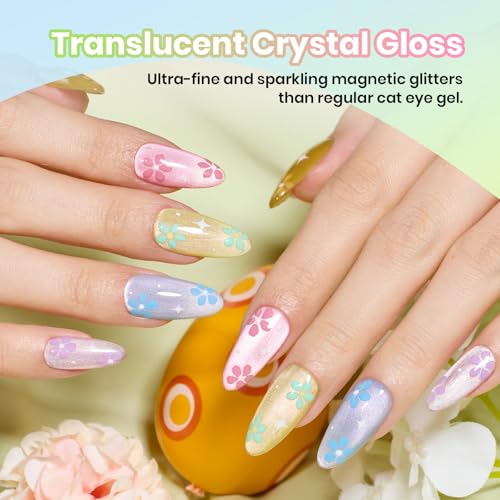 Image of Beetles Cat Eye Gel Nail Polish Set - Sugar Meadow 6 Colors Cat Eye Pastel Gel Polish Kit Glitter Pink Purple Green Blue Orange Peach Yellow Magnetic Soak Off UV Manicure Gift for Women