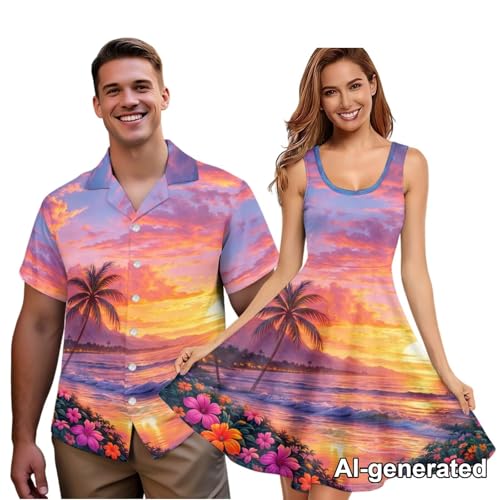Image of Hawaii Matching Couple Outfits Husband and Wife Clothing Fashionable Mens Casual Shirts Hawaii Dress with Soft Fabric