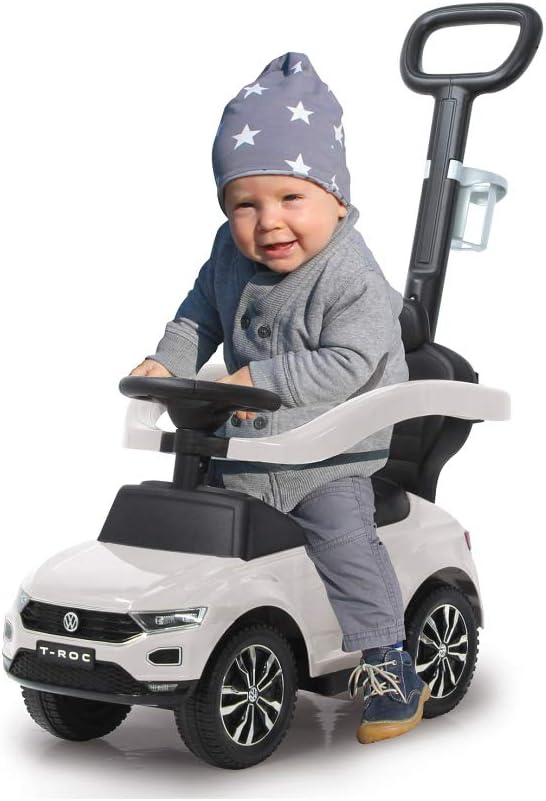Jamara 460463 - Push Car VW T-ROC 3in1 White - Tilt Prevention, Backrest, Side Guard, Extendable Footrest, Sounds, Horn, Cup Holders