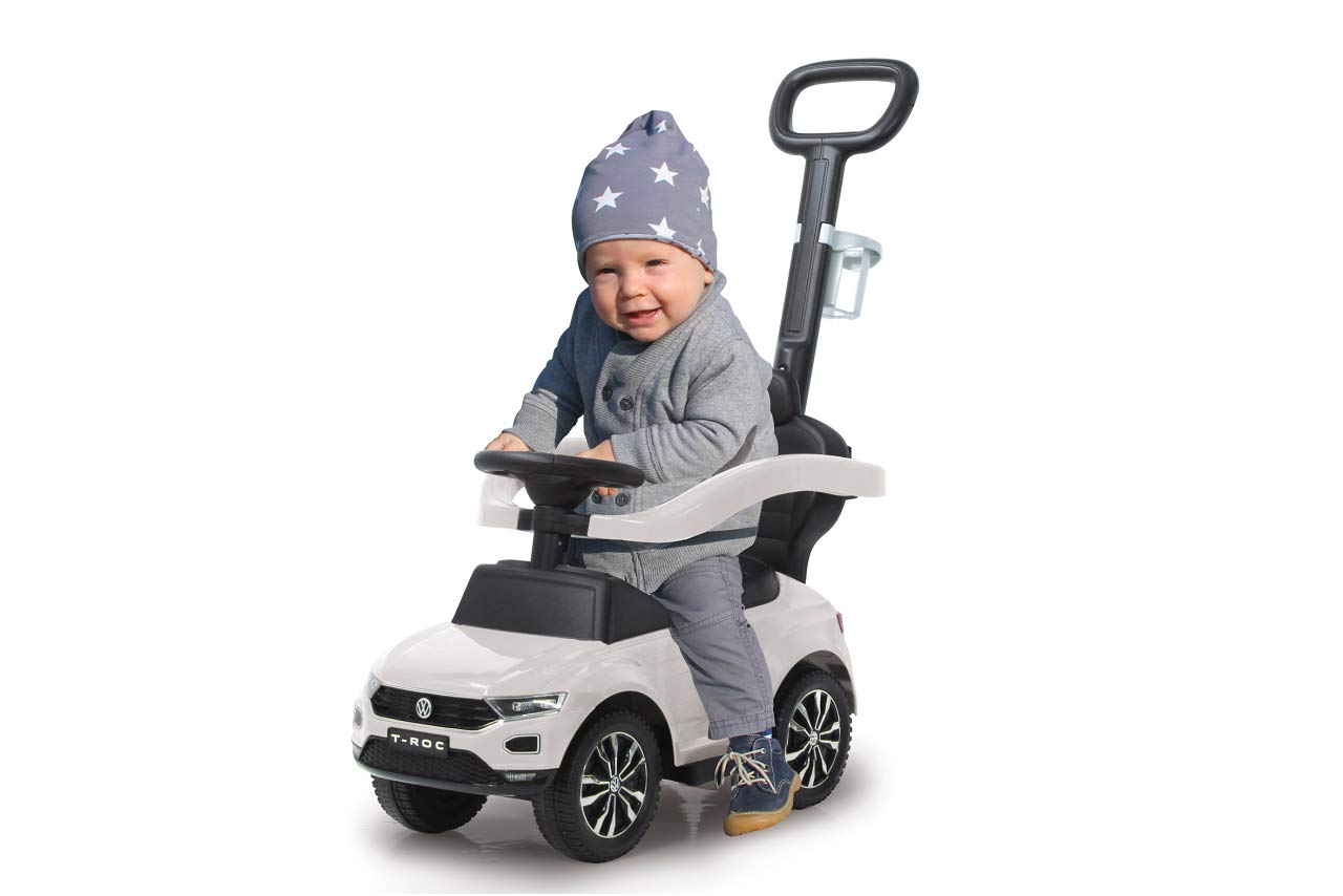 JAMARA 460463 - Rutscher VW T-ROC 3in1 - Kinderfahrzeug, Kippschutz, Kofferraum, Schub-und Haltestange mit Lenkfunktion, Rückenlehne, seitlichen Schutzbügel, ausziehbare Fußauflage, Sound, Hupe