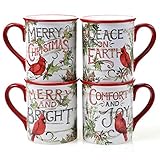 Evergreen Christmas 16 oz Ceramic Mugs – Set of 4 – Holiday Cardinal Design with Festive Sayings – Durable Stoneware Drinkware for Hot Cocoa, Coffee, Tea & Winter Gifting