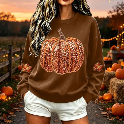 Pumpkin Sweatshirt Women Sequin Oversized Crewneck Halloween Sweatshirts - image 2