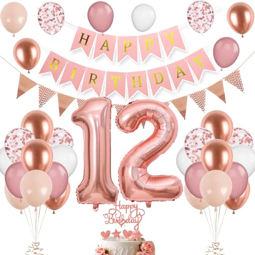 12th Birthday Decorations for Girls 12th Birthday Balloons with Number 12 Foil Balloon Rose Gold Pink and White Balloons with Happy Birthday Banner Birthday Cake Topper for 12th Party Decoration