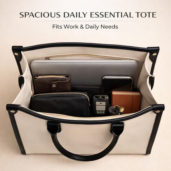 Image of Women's Laptop Tote Bag Stylish Office Handbag for Women | Large Capacity Ladies Shoulder Bag | Premium Structured Leatherette Purse for Office, College & Travel | Beige Black