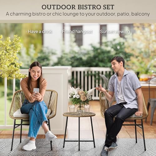 Outsunny 3-Piece Rattan PE and Steel Garden Set, Set of 2 Chairs with Cushions and Cylinder Coffee Table with Glass Top, Balcony Furniture Set, for Patio and Courtyard, Wooden Colour – Image 4