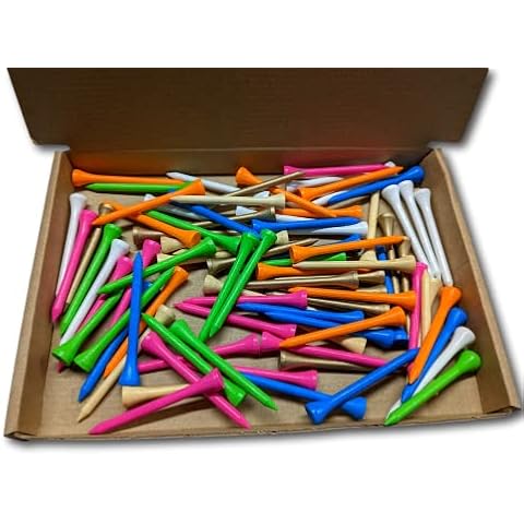 AJ Timber Rainbow Tees - 100 Pack -Bamboo Golf Tees - 70mm Long - Mixed Colour Pack Cover