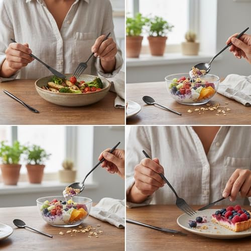 Image of 8 Pcs Black Slim Handle Stainless Steel Cutlery Set for Dining Table with Spoons and Forks Set + Butterknives - The Perfect Tableware /Flatware