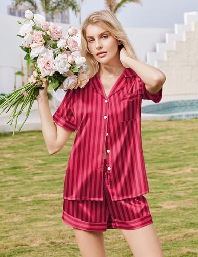 Image of Ekouaer Silk Pajamas for Women Button Down Sleepwear 2 Piece Pjs Shorts Set | Classic Short Sleeve Notch Neck Lounge Set with Pockets,Soft Cute Pj Set,Bridal Gifts,Pajama Party,Maternity Outfits
