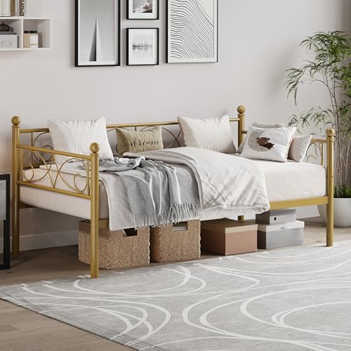GarveeHome Gold Daybed, Twin Size Metal Day Bed with Floral Headboard, Modern Metal Sofa Bed Frame, Heavy Duty Steel Slats Supports, for Living Room, Guest Room