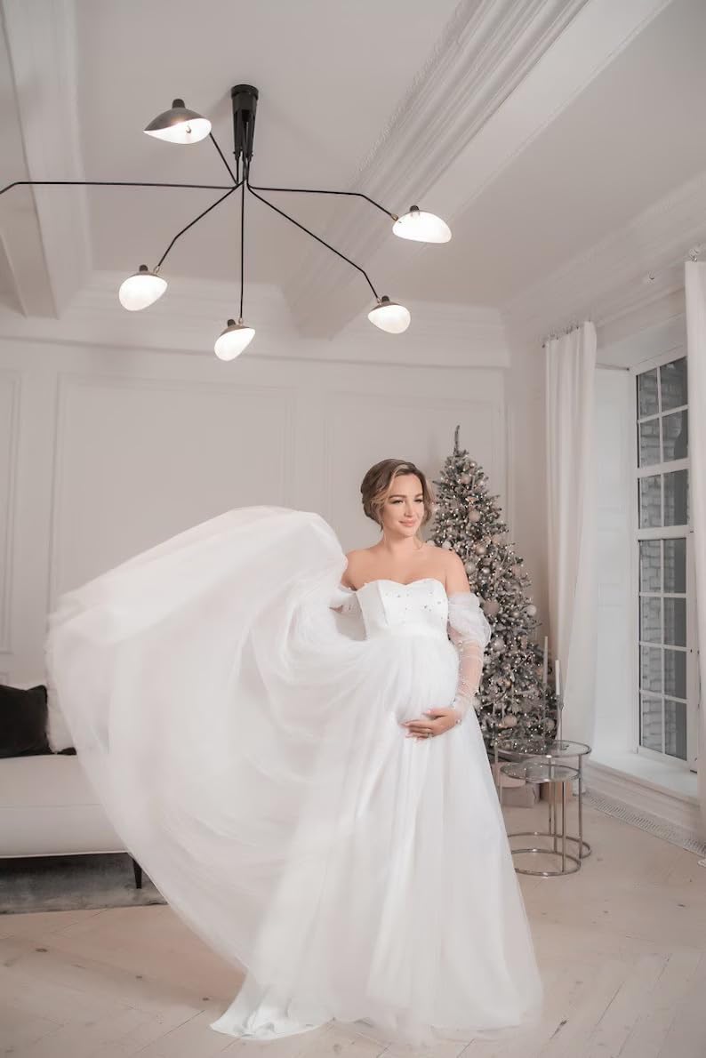 Changun Tulle Pearl Maternity Dress for Photoshoot Long Sleeve Off Shoulder Babyshower Wedding Bridal Robe Pregnancy Gown